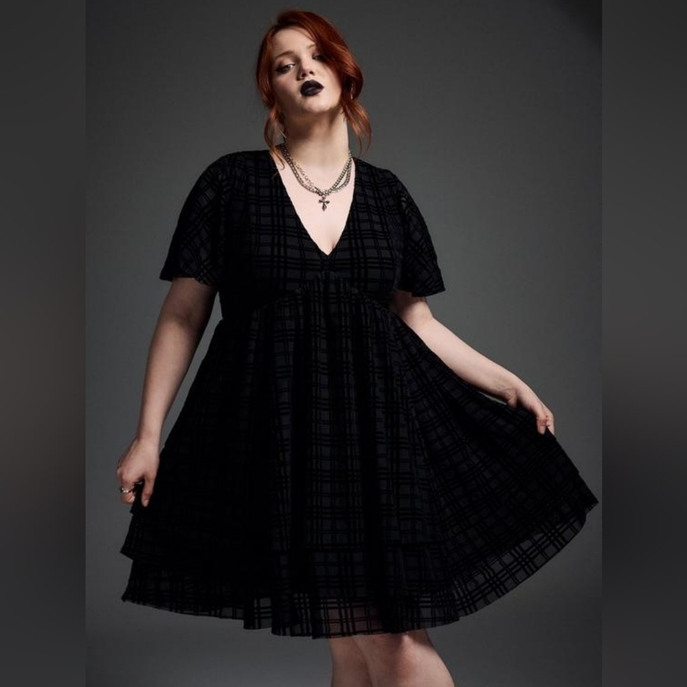 Nightfall Tiered Mesh Mini Dress in Edgey Plaid Deep Black